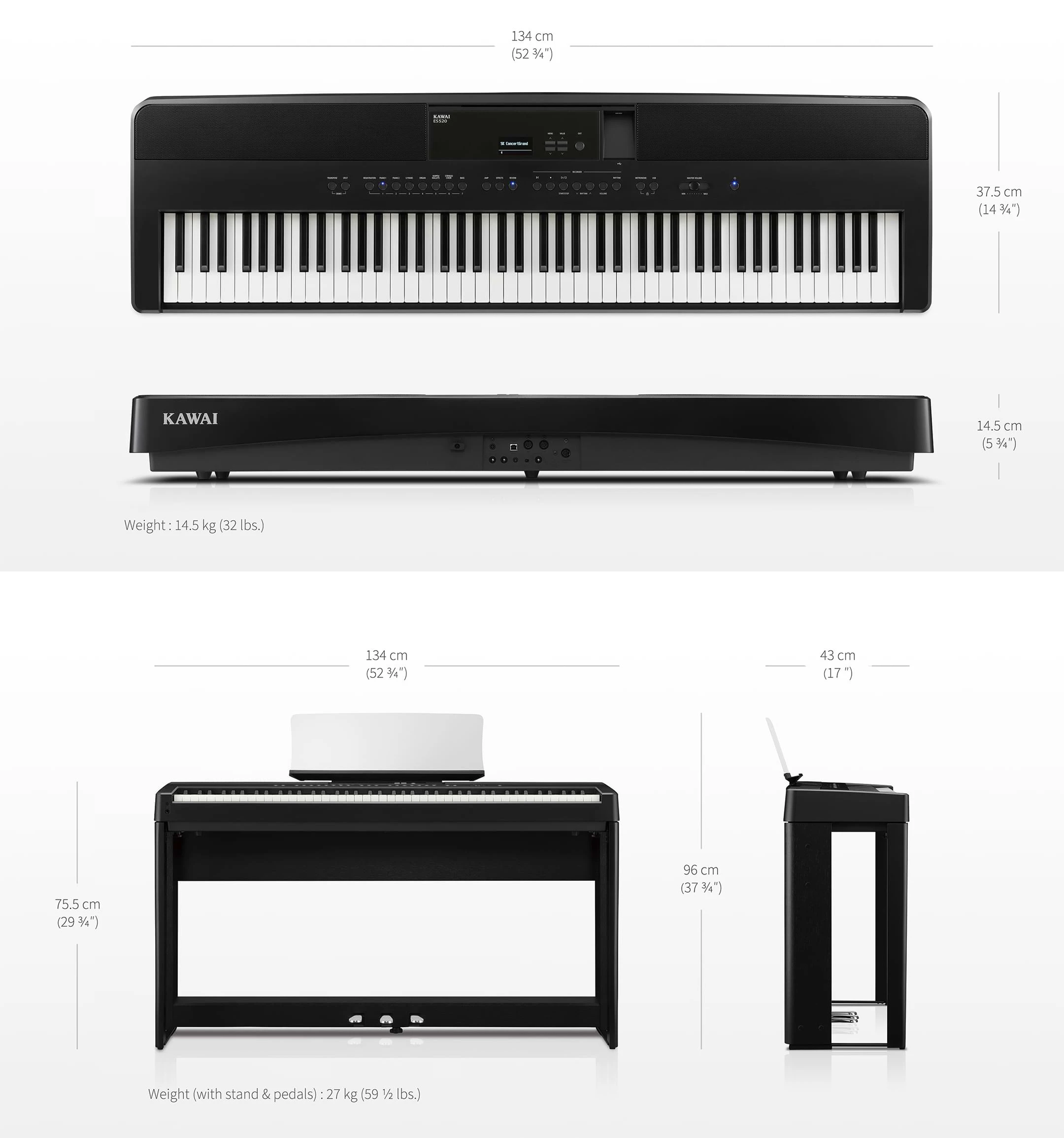 Kawai Digitalas klavieres ES520 Izmeri